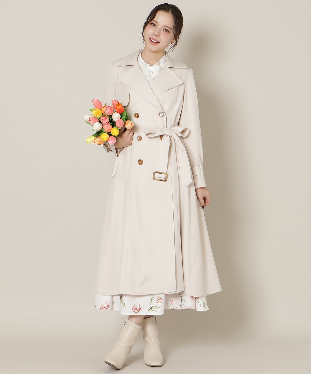 Tulip Series】オリジナルフレアトレンチコート(S エクリュ