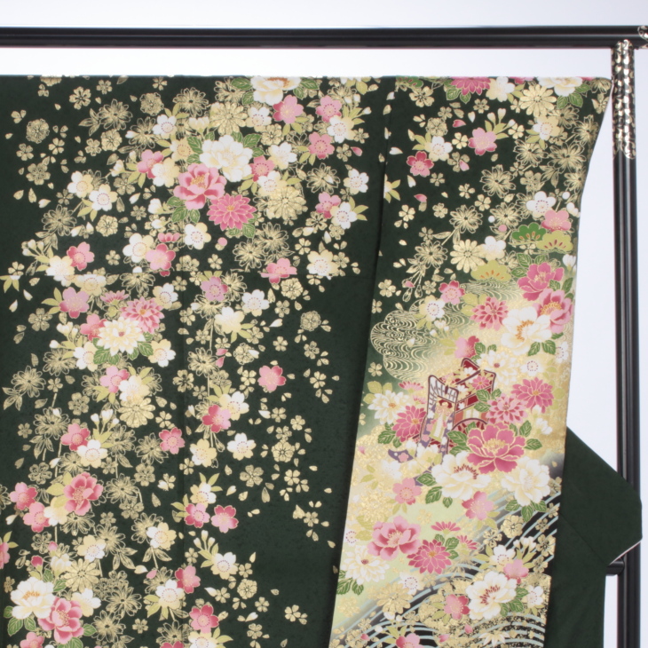 f0520120r2】【グリーン系】振袖 レンタル フルセット Lサイズ 【状態