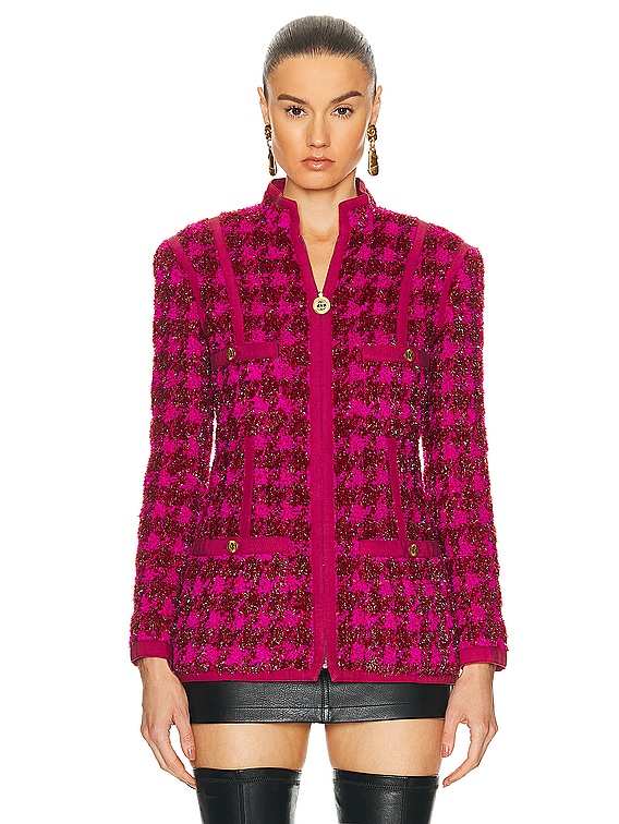 FWRD Renew Chanel Shimmer Houndstooth Tweed Jacket in Pink | FWRD