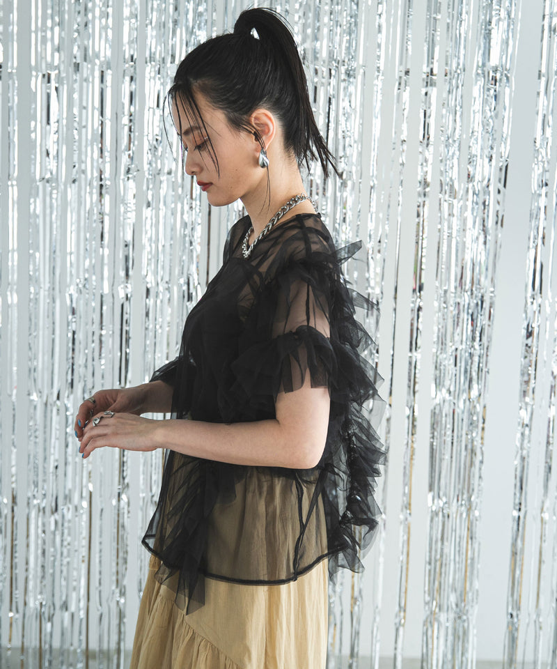 メール便】アシンメトリーチュールレーストップス – レディース